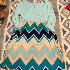 Turquoise and chevron dress.
